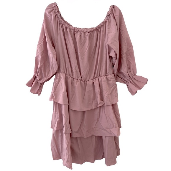 Pink Tiered Ruffle Off Shoulder Balloon Sleeves Dress - Picture 1 of 5